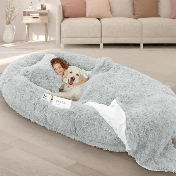 Oversized 71x45x12 Grey Memory Foam Dog Bed with Pillow, Blanket & Strap for Adults and Large Pets,Customized